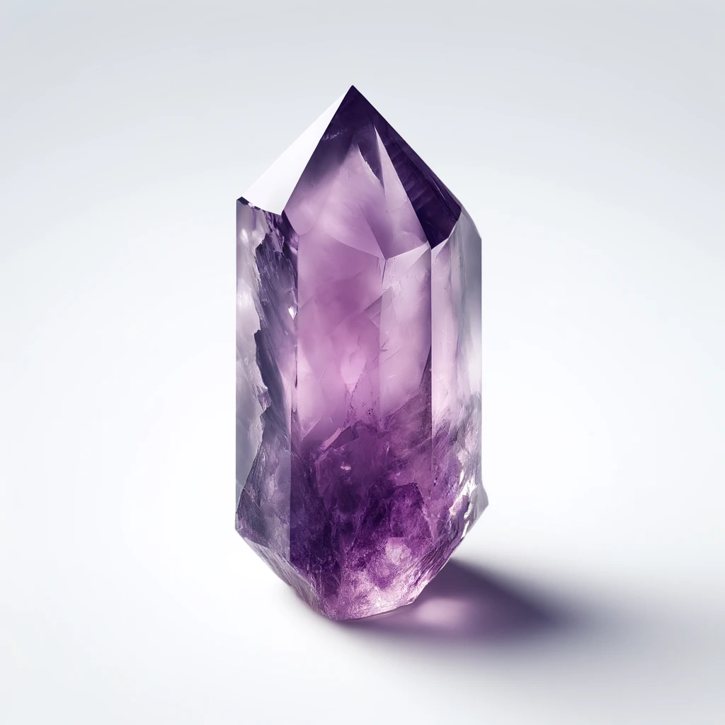 DALL·E 2024-06-07 00.52.25 - A high-quality image of a polished Amethyst crystal point. The Amethyst has a deep purple color with clear, well-defined edges and a smooth surface. T