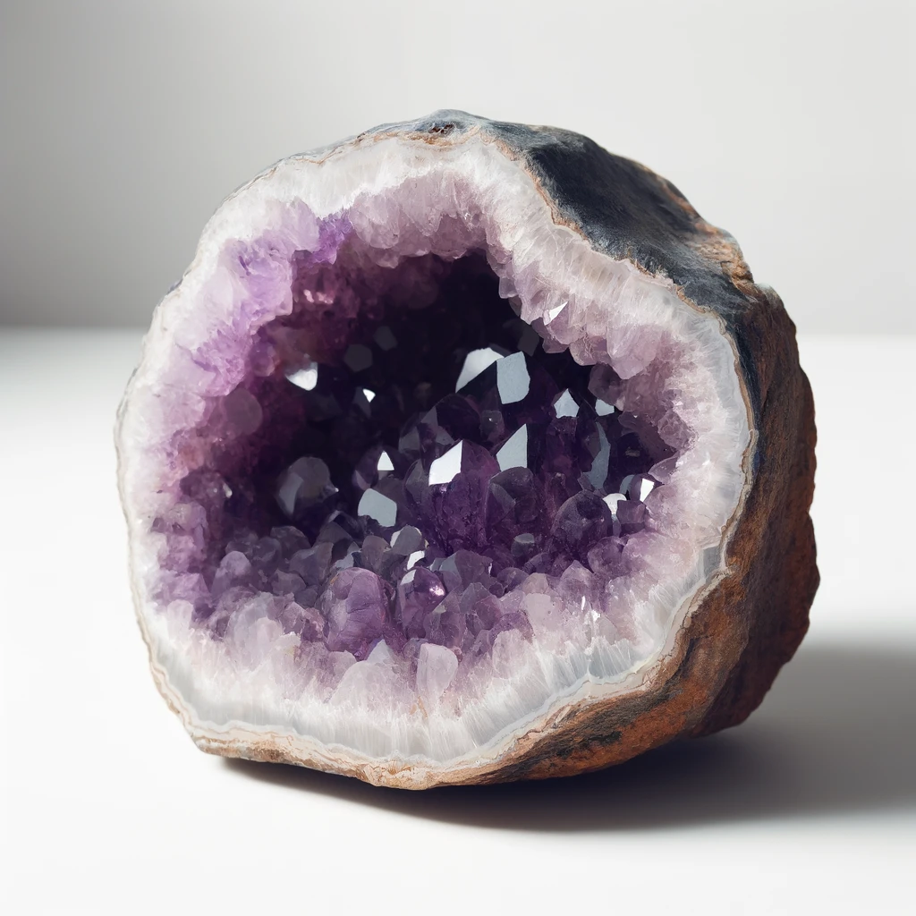 DALL·E 2024-06-07 00.52.31 - A beautiful raw Amethyst geode with deep purple crystals inside. The geode has a rough exterior and a polished interior, showcasing the intricate crys